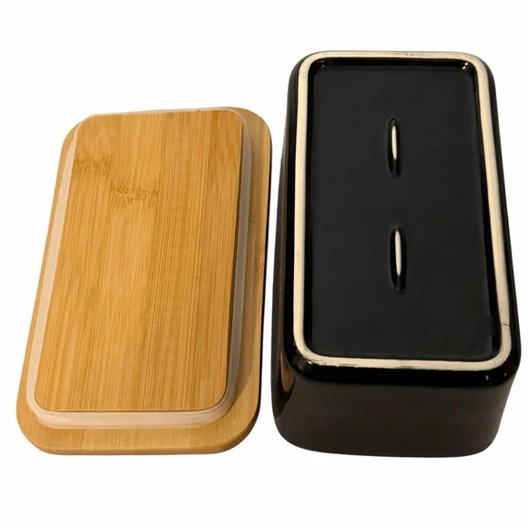 Unmarked Black Ceramic Butter Keeper Bamboo Lid Knife Farmhouse Kitchen Decor - Picture 3 of 7